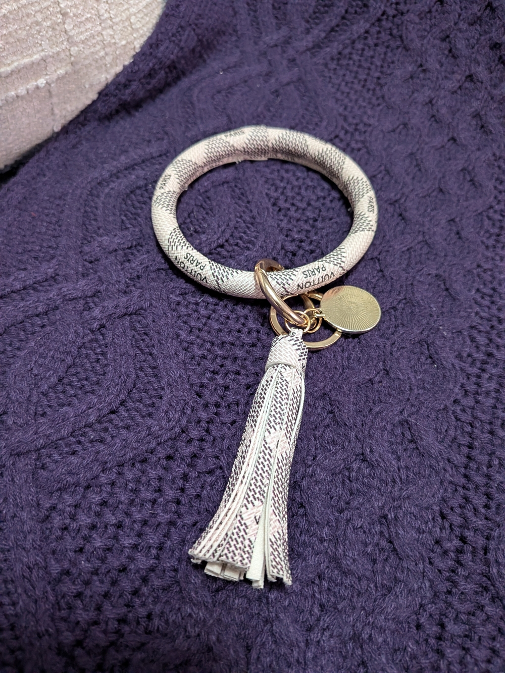 Designer-Inspired White & Gold Logo Tassel Keyring Bracelet